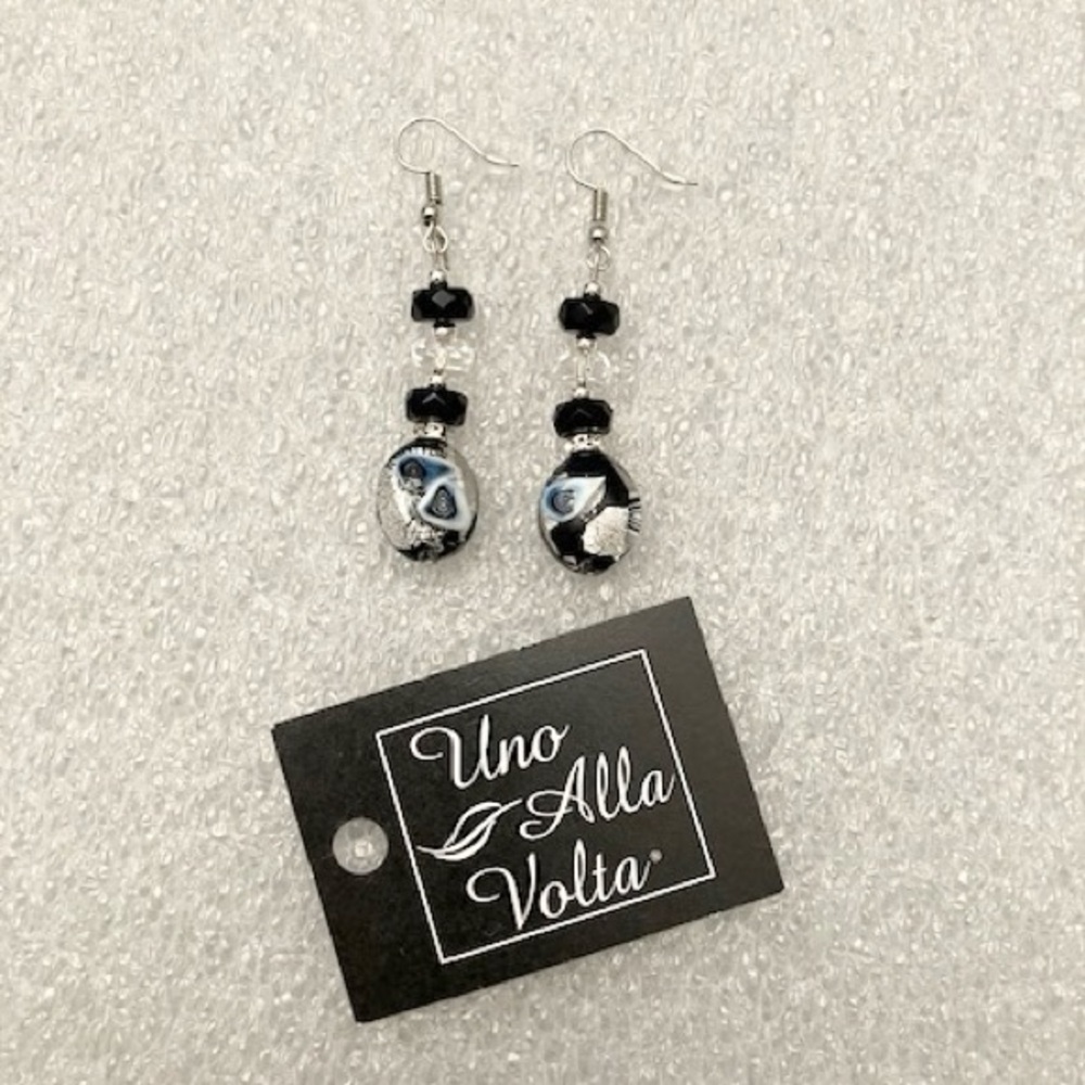 Uno Alla Volta Ebony Dusk Murano Earrings, 2.5" Long, New
